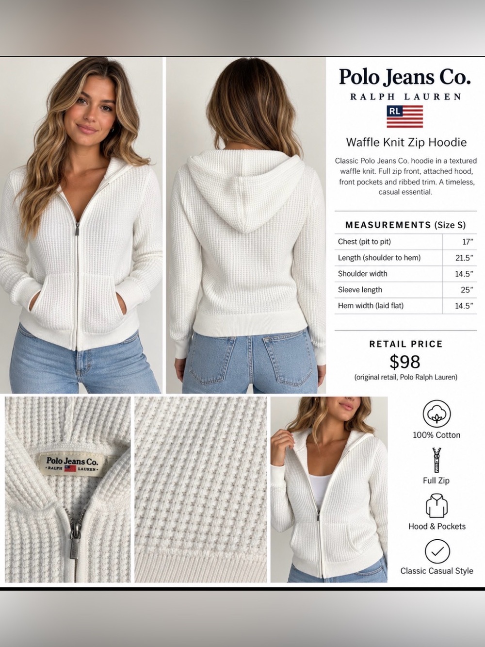 Polo by Ralph Lauren Women’s White Hooded Waffle-Knit Zip Sweater, Size S